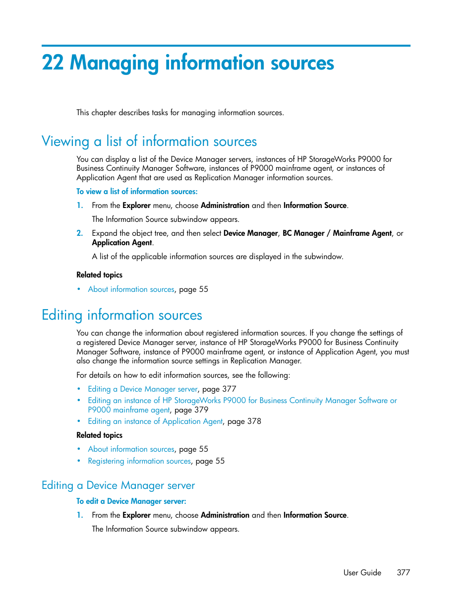 22 managing information sources, Viewing a list of information sources, Editing information sources | Editing a device manager server, 377 editing information sources | HP XP P9000 Command View Advanced Edition Software User Manual | Page 377 / 500