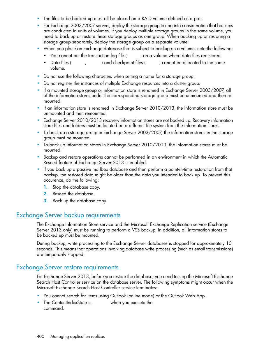 Exchange server backup requirements, Exchange server restore requirements | HP XP P9000 Command View Advanced Edition Software User Manual | Page 400 / 500