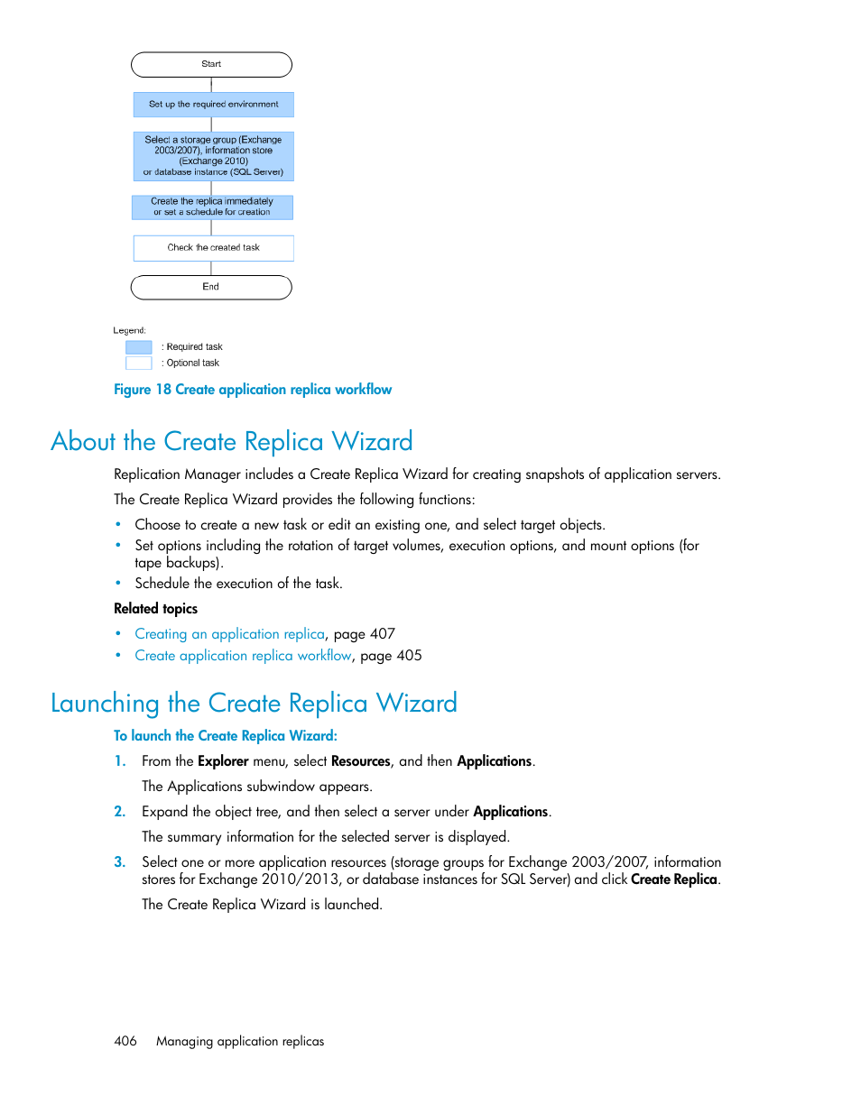 About the create replica wizard, Launching the create replica wizard, 406 launching the create replica wizard | Create application replica workflow | HP XP P9000 Command View Advanced Edition Software User Manual | Page 406 / 500