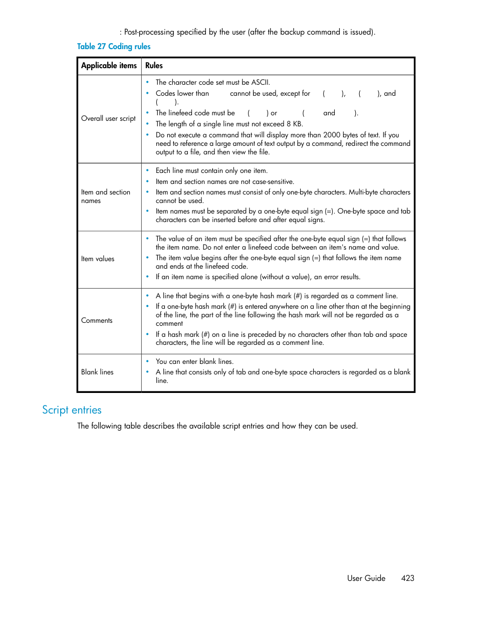 Coding rules, Script entries | HP XP P9000 Command View Advanced Edition Software User Manual | Page 423 / 500