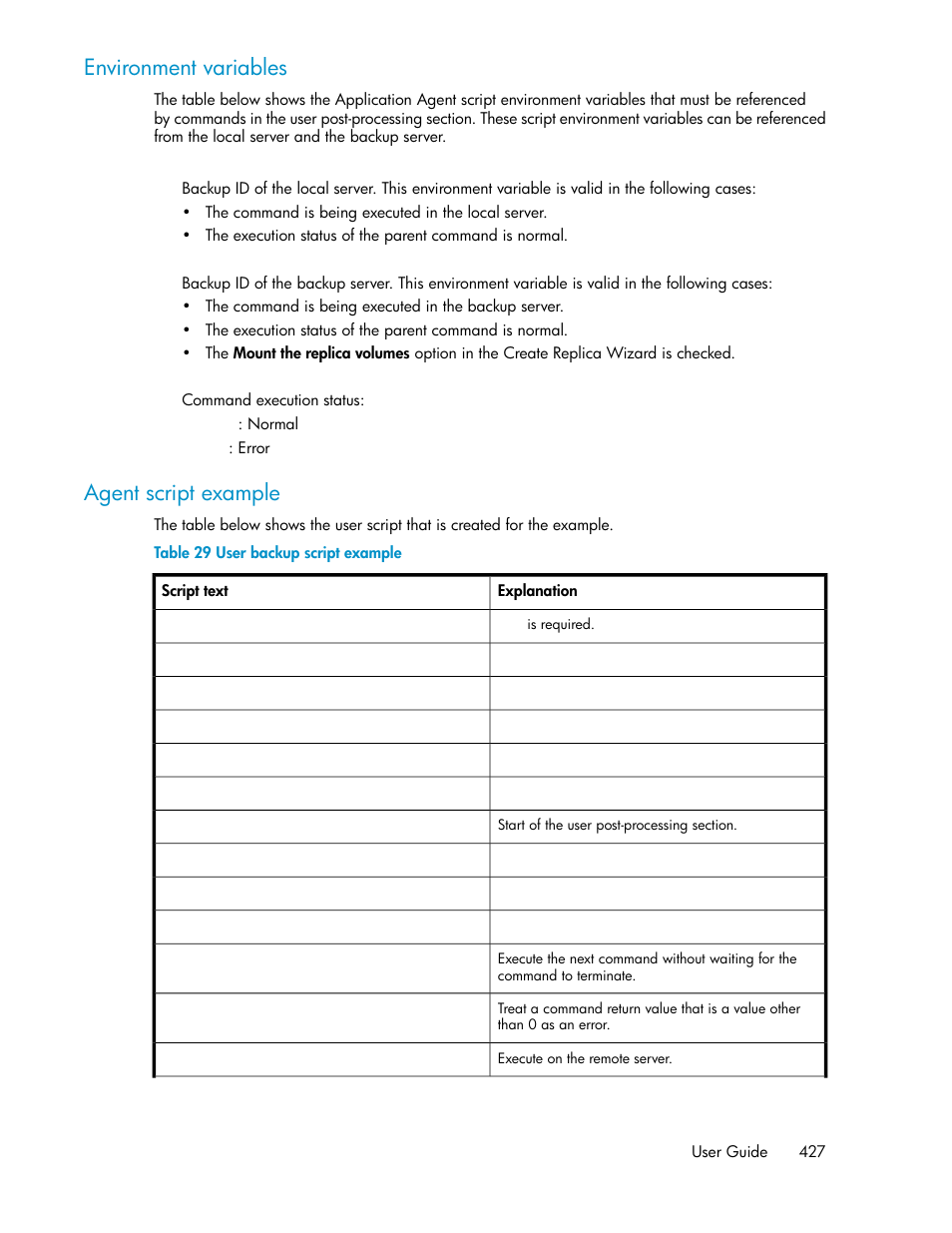 User backup script example, Agent script example, Environment variables | HP XP P9000 Command View Advanced Edition Software User Manual | Page 427 / 500