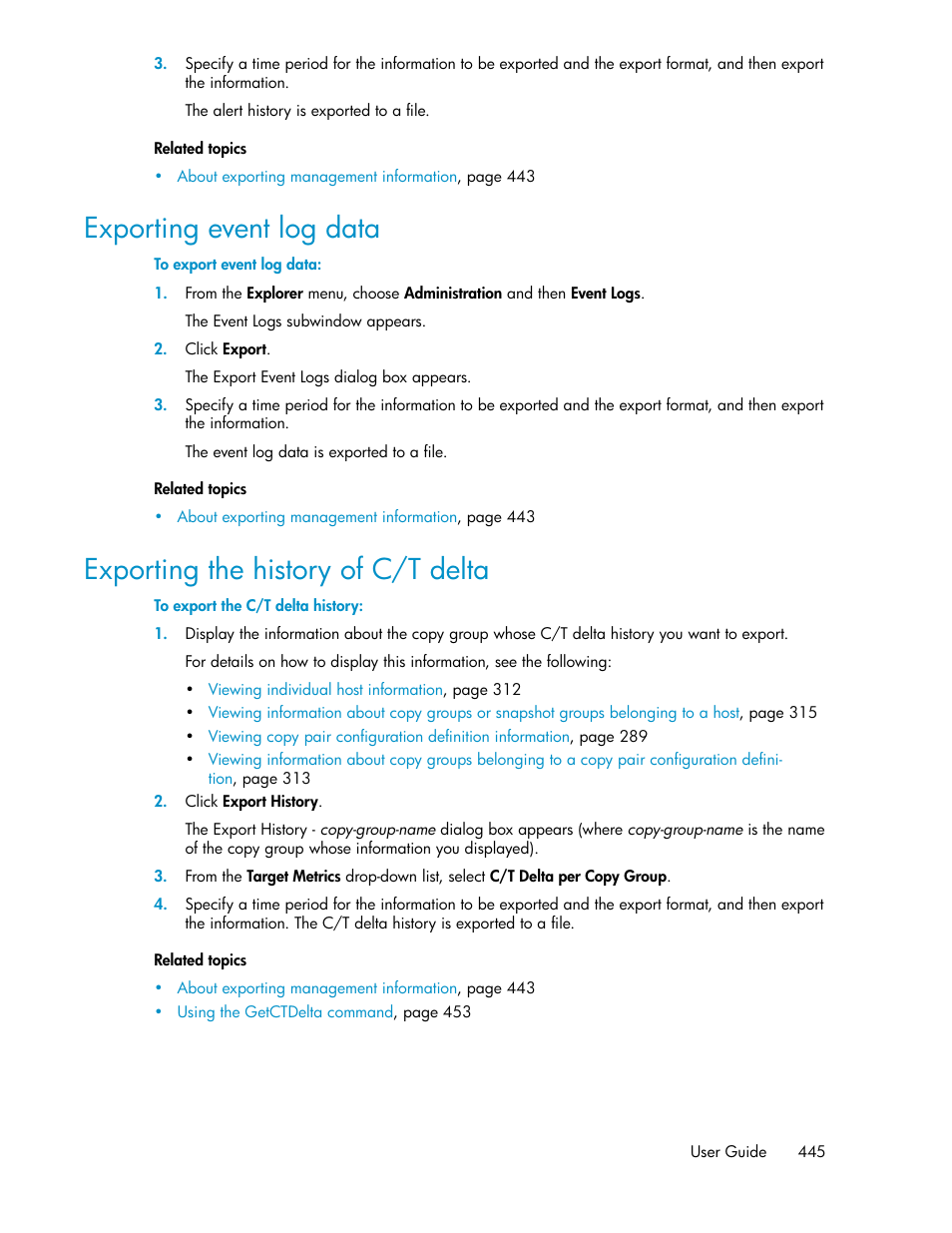 Exporting event log data, Exporting the history of c/t delta, 445 exporting the history of c/t delta | HP XP P9000 Command View Advanced Edition Software User Manual | Page 445 / 500