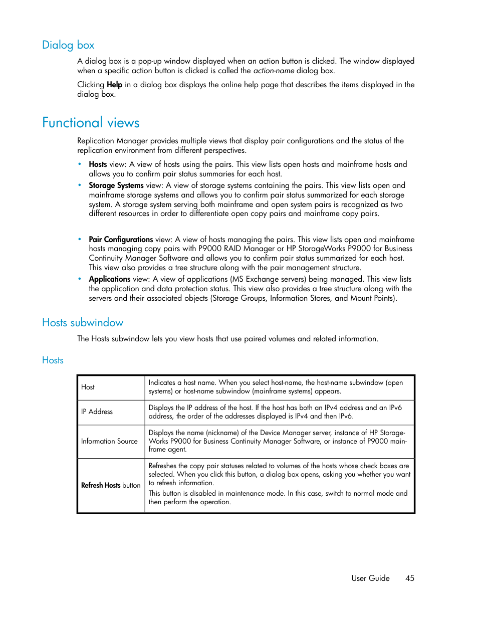 Dialog box, Functional views, Hosts subwindow | HP XP P9000 Command View Advanced Edition Software User Manual | Page 45 / 500