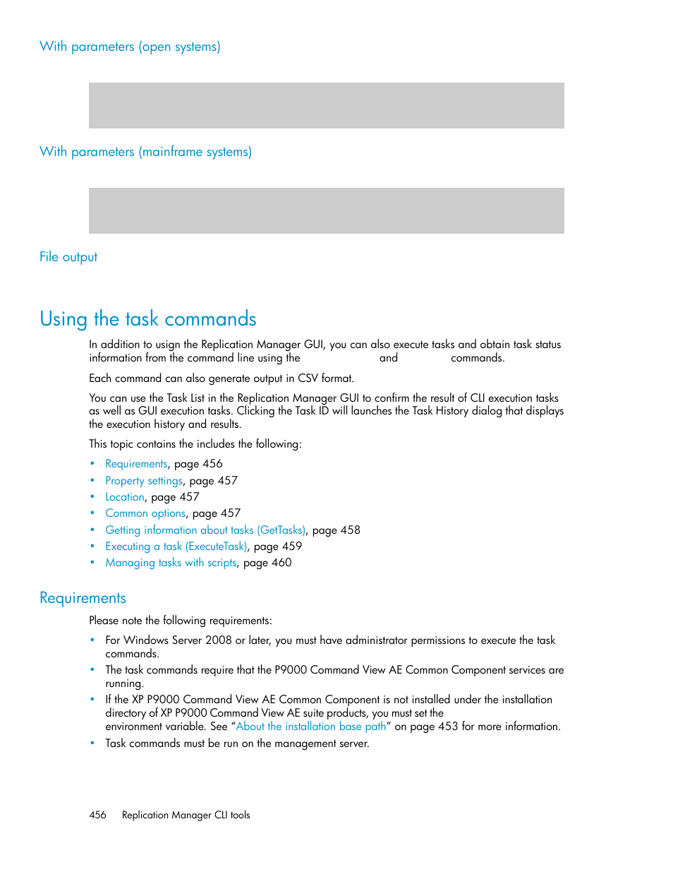 Using the task commands, Requirements, Using the task | Commands | HP XP P9000 Command View Advanced Edition Software User Manual | Page 456 / 500