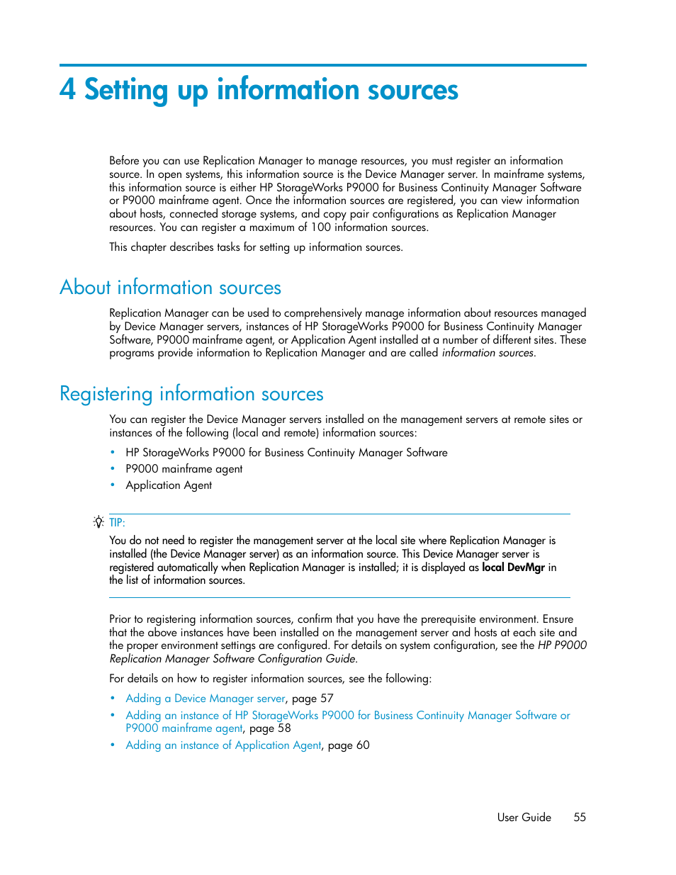 4 setting up information sources, About information sources, Registering information sources | 55 registering information sources, Chapter 4 | HP XP P9000 Command View Advanced Edition Software User Manual | Page 55 / 500