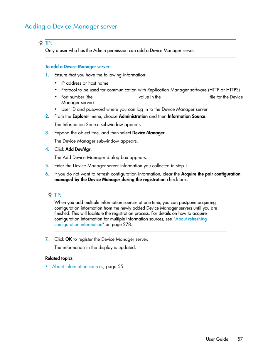 Adding a device manager server | HP XP P9000 Command View Advanced Edition Software User Manual | Page 57 / 500