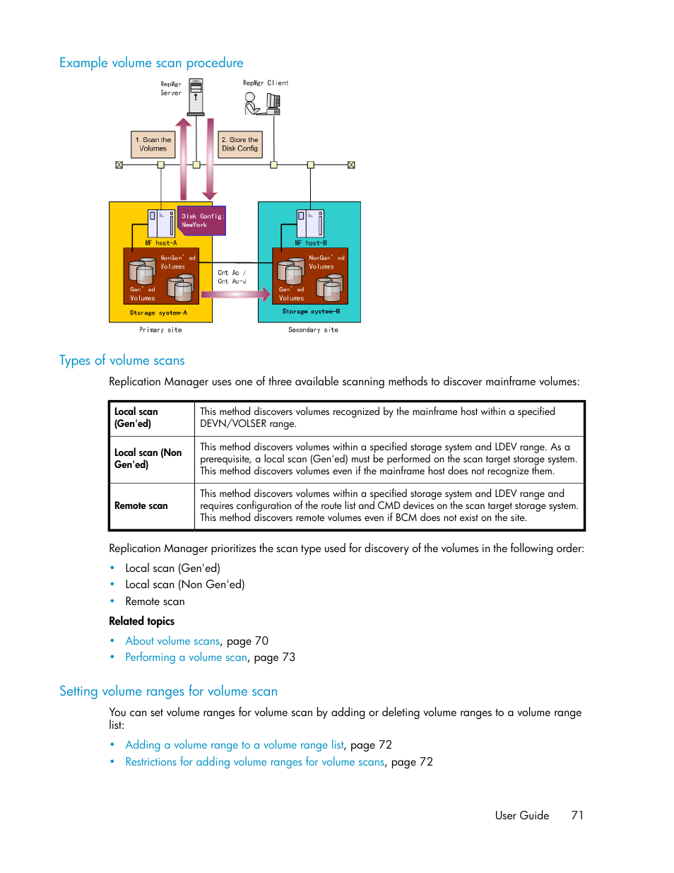 Example volume scan procedure, Types of volume scans, Setting volume ranges for volume scan | 71 types of volume scans, 71 setting volume ranges for volume scan | HP XP P9000 Command View Advanced Edition Software User Manual | Page 71 / 500