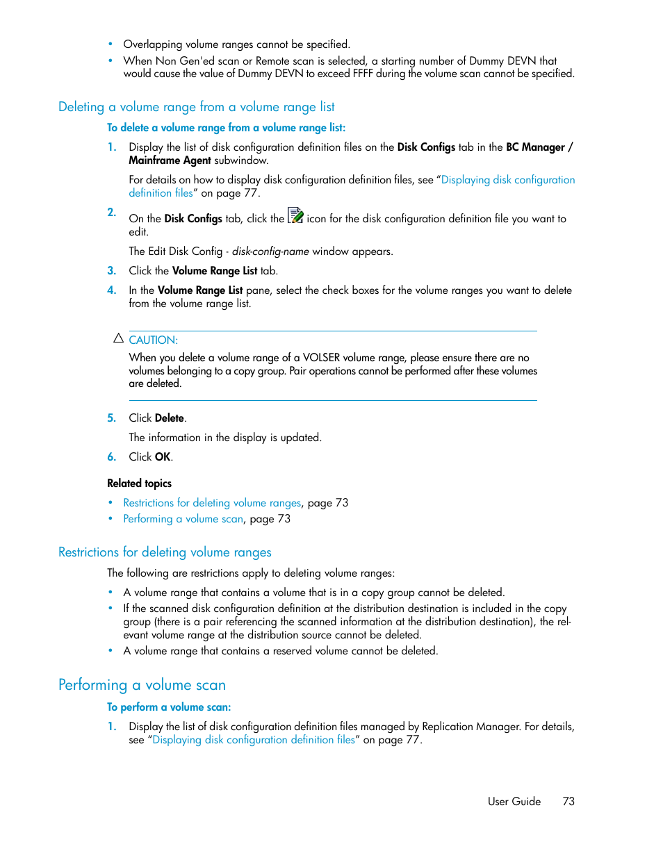 Deleting a volume range from a volume range list, Restrictions for deleting volume ranges, Performing a volume scan | 73 restrictions for deleting volume ranges | HP XP P9000 Command View Advanced Edition Software User Manual | Page 73 / 500