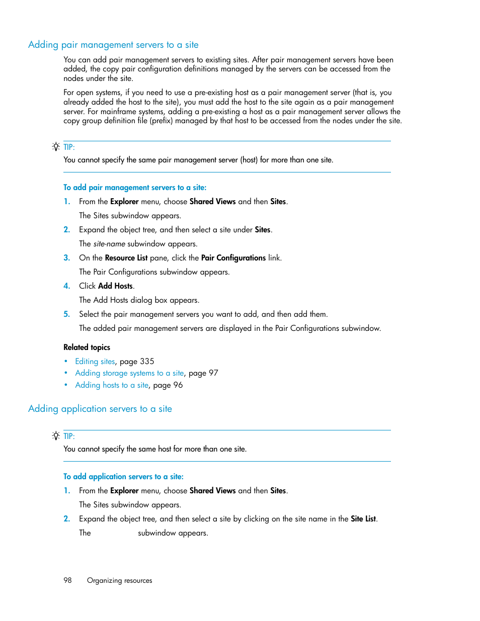 Adding pair management servers to a site, Adding application servers to a site, 98 adding application servers to a site | HP XP P9000 Command View Advanced Edition Software User Manual | Page 98 / 500
