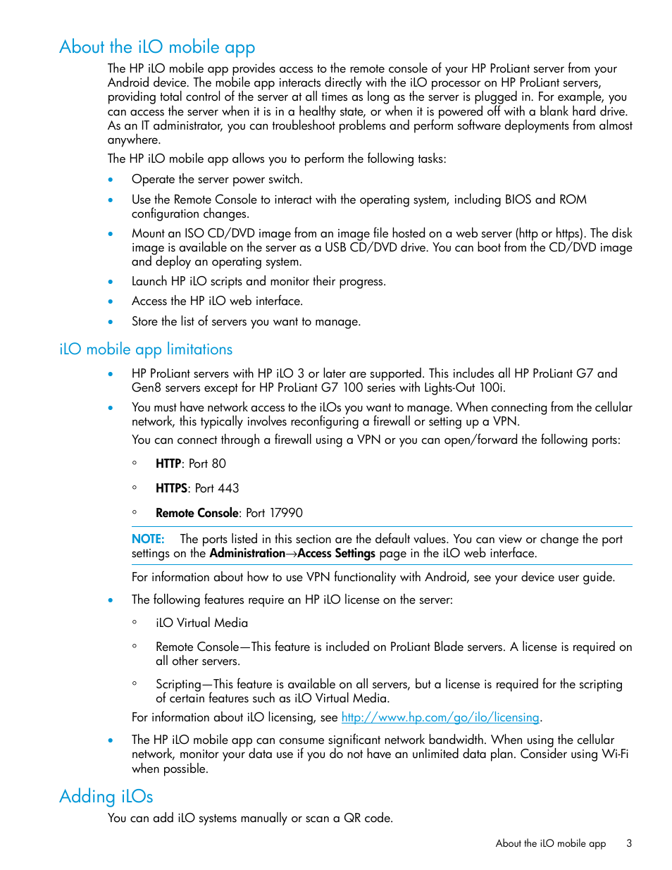 About the ilo mobile app, Ilo mobile app limitations, Adding ilos | HP ProLiant DL380p Gen8 Server User Manual | Page 3 / 9