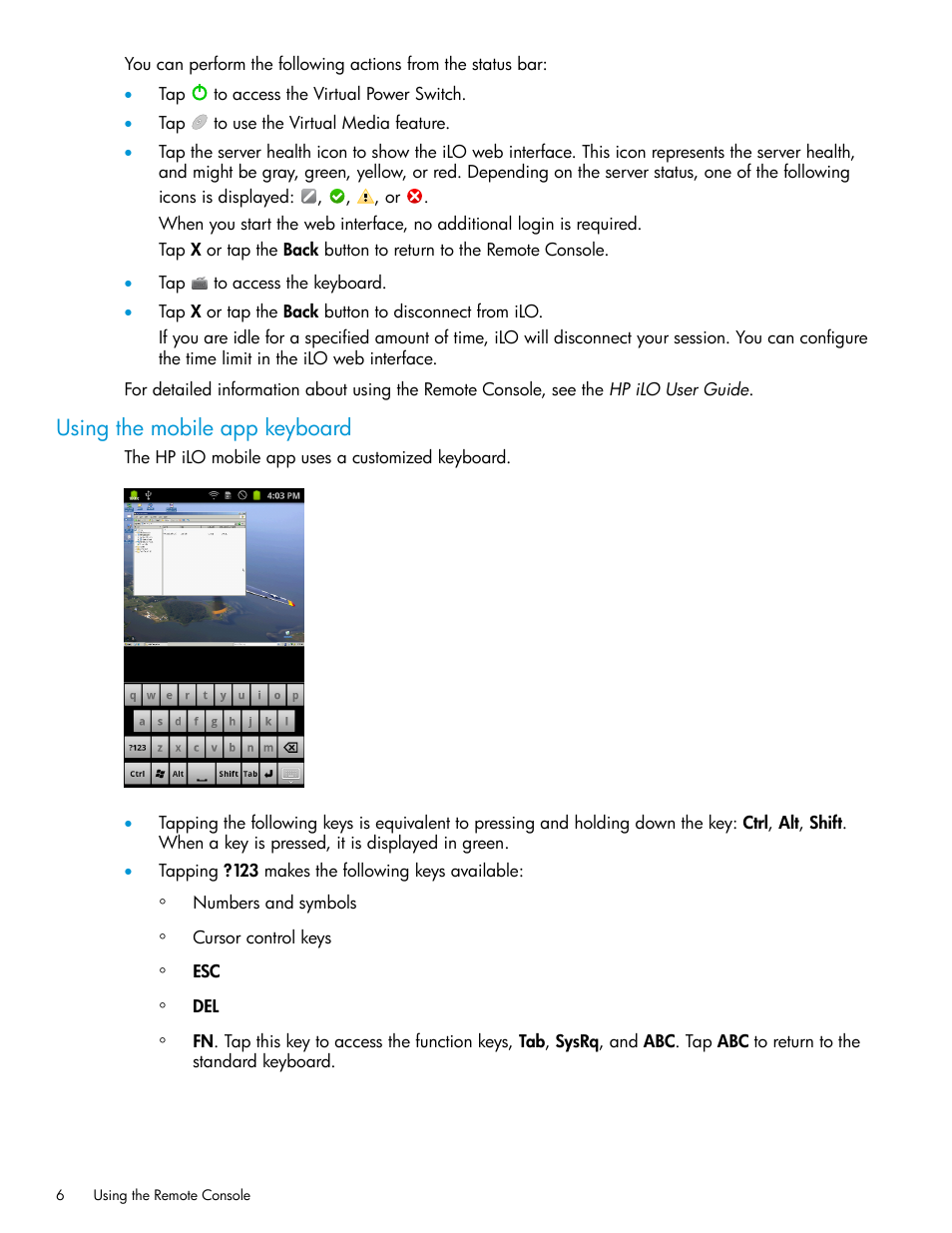 Using the mobile app keyboard | HP ProLiant DL380p Gen8 Server User Manual | Page 6 / 9