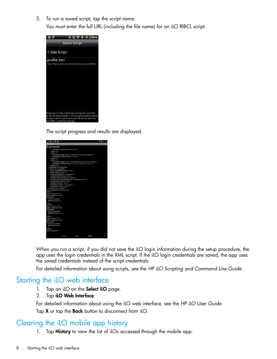 Starting the ilo web interface, Clearing the ilo mobile app history | HP ProLiant DL380p Gen8 Server User Manual | Page 8 / 9