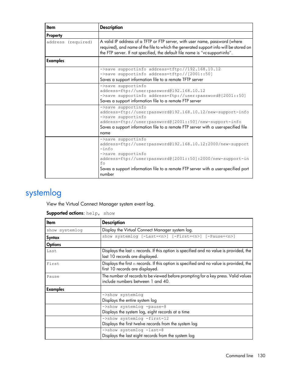 Systemlog | HP Virtual Connect Flex-10 10Gb Ethernet Module for c-Class BladeSystem User Manual | Page 130 / 205