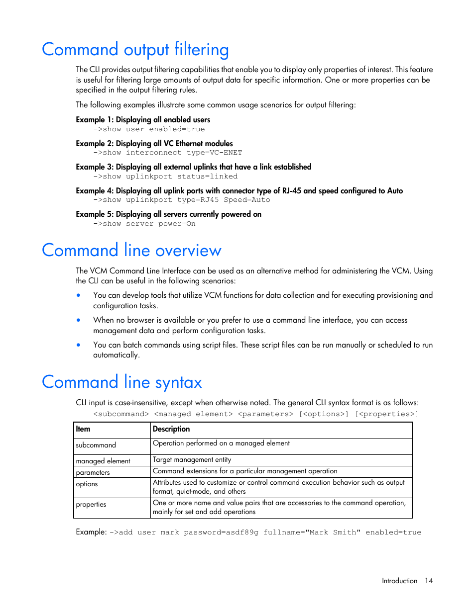 Command output filtering, Command line overview, Command line syntax | HP Virtual Connect Flex-10 10Gb Ethernet Module for c-Class BladeSystem User Manual | Page 14 / 205