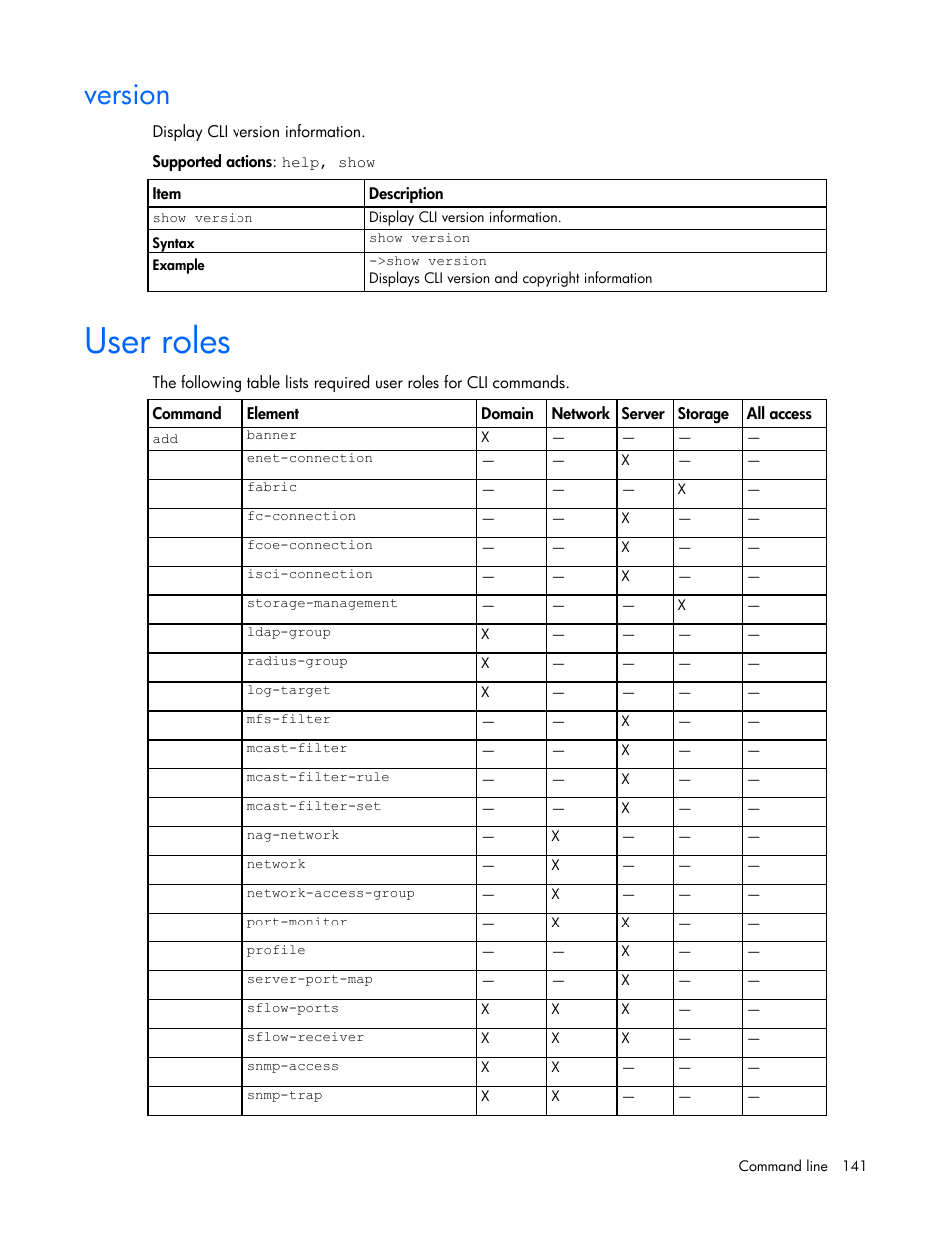 Version, User roles | HP Virtual Connect Flex-10 10Gb Ethernet Module for c-Class BladeSystem User Manual | Page 141 / 205