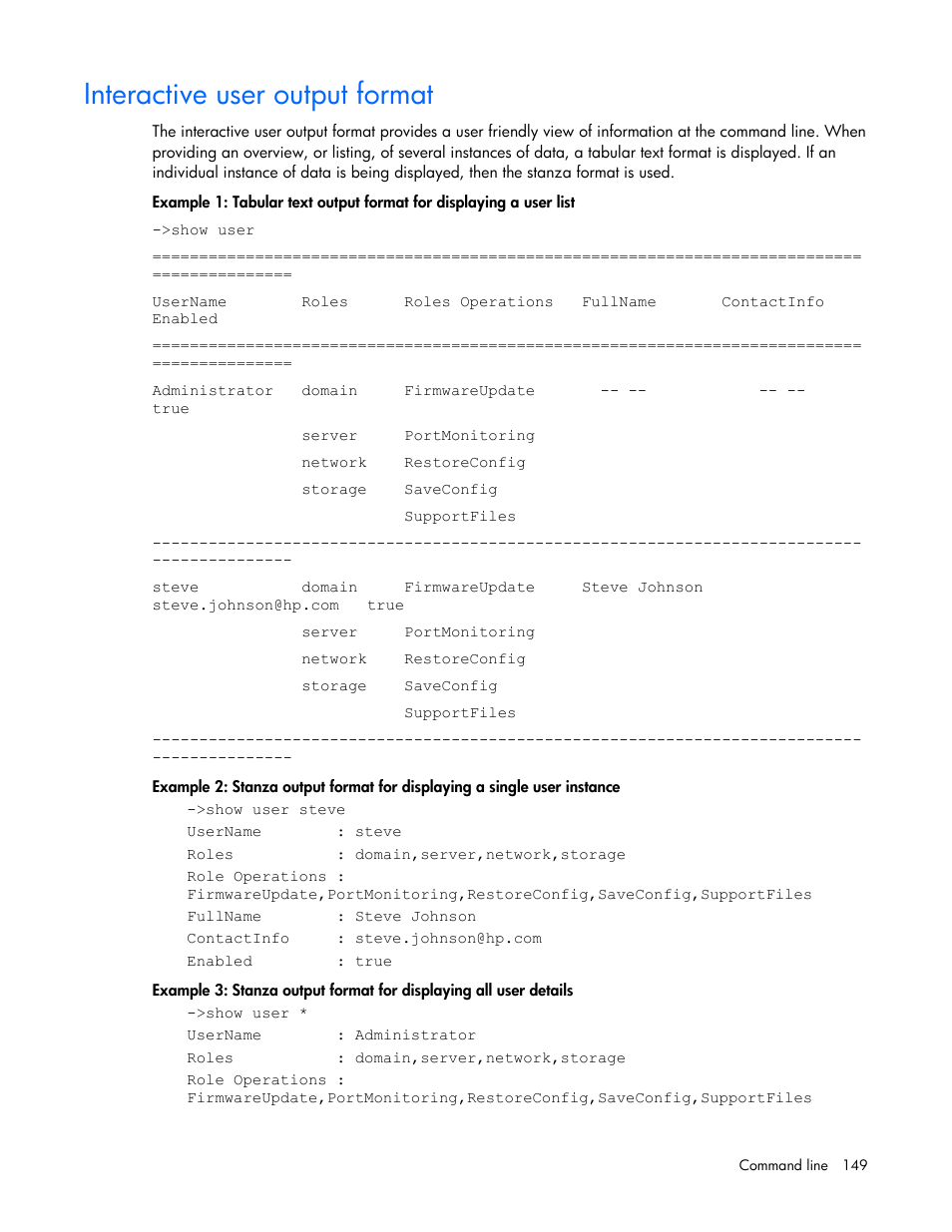 Interactive user output format | HP Virtual Connect Flex-10 10Gb Ethernet Module for c-Class BladeSystem User Manual | Page 149 / 205