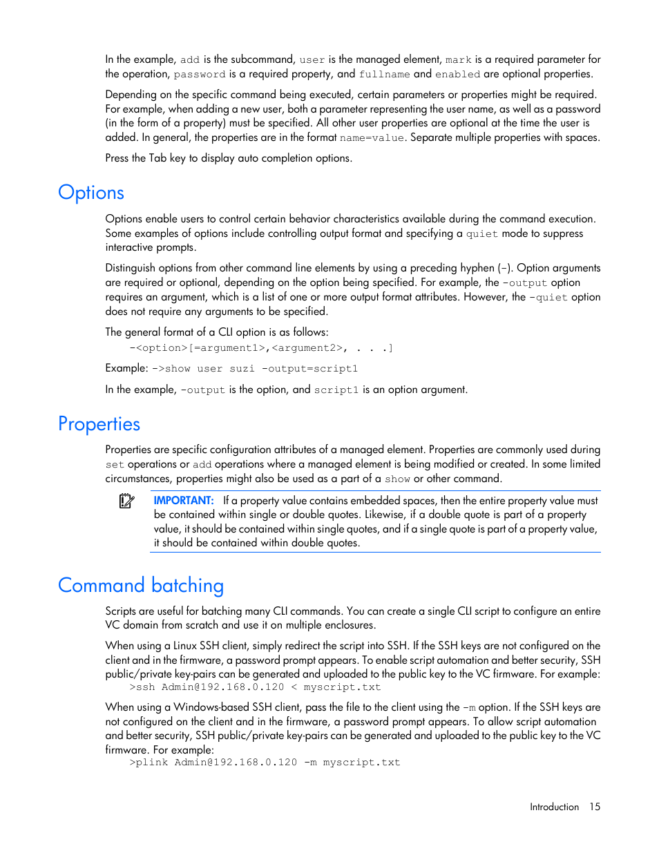 Options, Properties, Command batching | HP Virtual Connect Flex-10 10Gb Ethernet Module for c-Class BladeSystem User Manual | Page 15 / 205