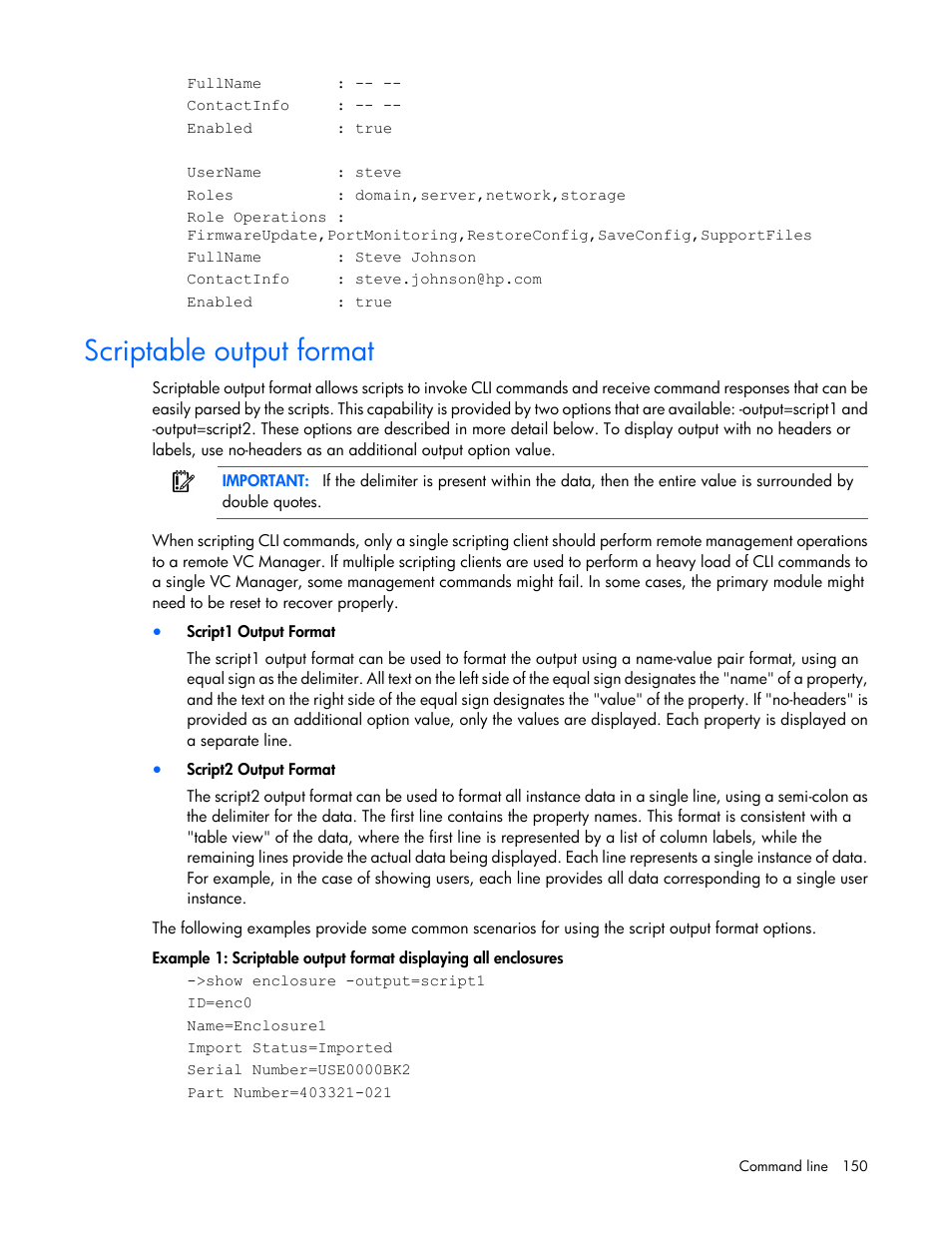 Scriptable output format | HP Virtual Connect Flex-10 10Gb Ethernet Module for c-Class BladeSystem User Manual | Page 150 / 205