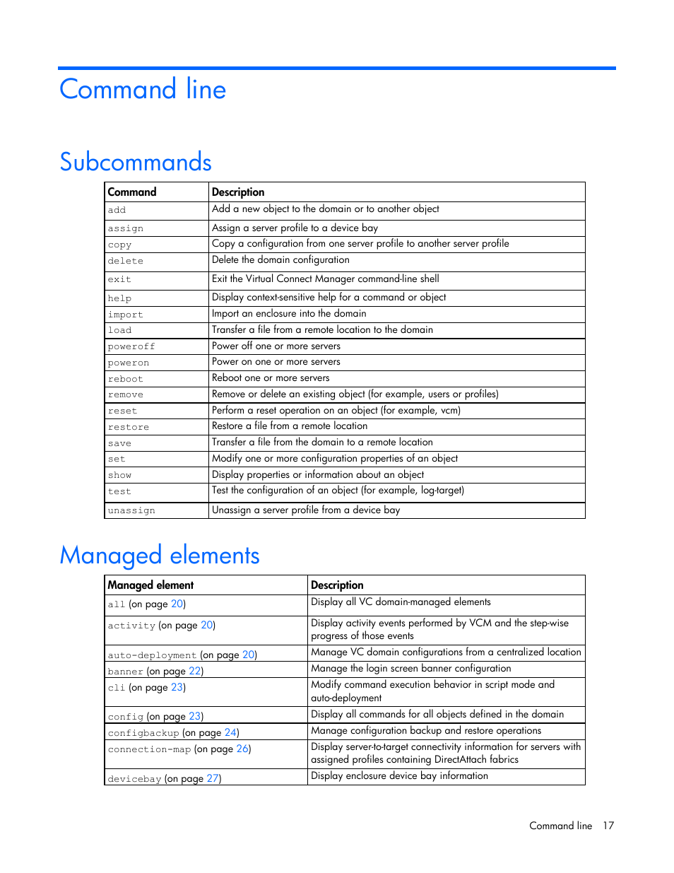 Command line, Subcommands, Managed elements | HP Virtual Connect Flex-10 10Gb Ethernet Module for c-Class BladeSystem User Manual | Page 17 / 205