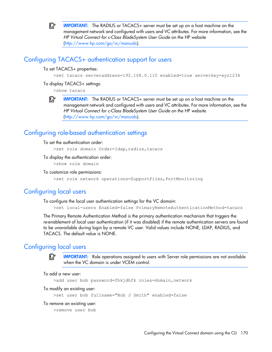 Configuring role-based authentication settings, Configuring local users | HP Virtual Connect Flex-10 10Gb Ethernet Module for c-Class BladeSystem User Manual | Page 170 / 205