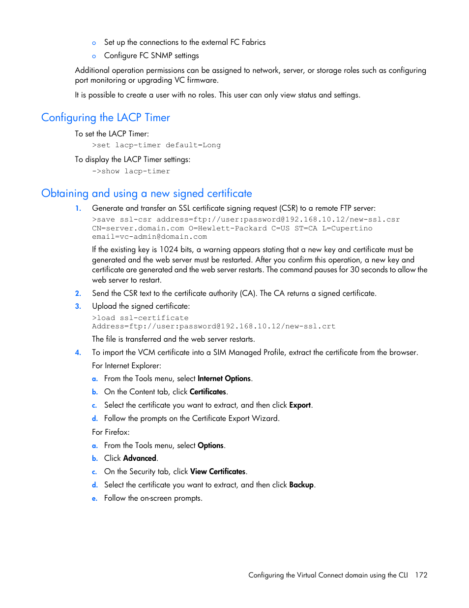 Configuring the lacp timer, Obtaining and using a new signed certificate | HP Virtual Connect Flex-10 10Gb Ethernet Module for c-Class BladeSystem User Manual | Page 172 / 205