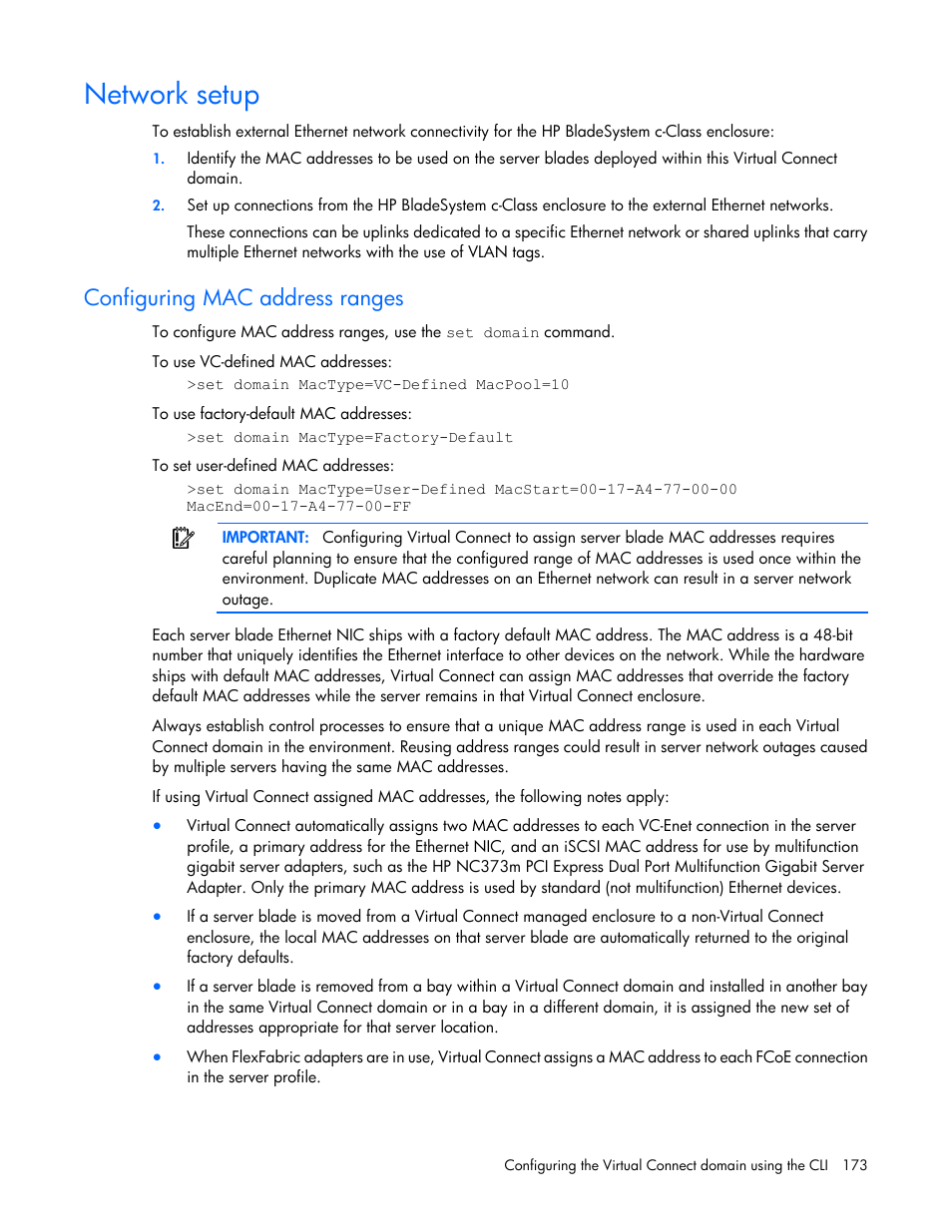 Network setup, Configuring mac address ranges | HP Virtual Connect Flex-10 10Gb Ethernet Module for c-Class BladeSystem User Manual | Page 173 / 205