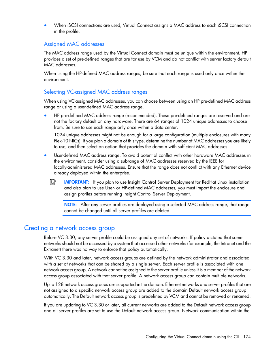 Assigned mac addresses, Selecting vc-assigned mac address ranges, Creating a network access group | HP Virtual Connect Flex-10 10Gb Ethernet Module for c-Class BladeSystem User Manual | Page 174 / 205