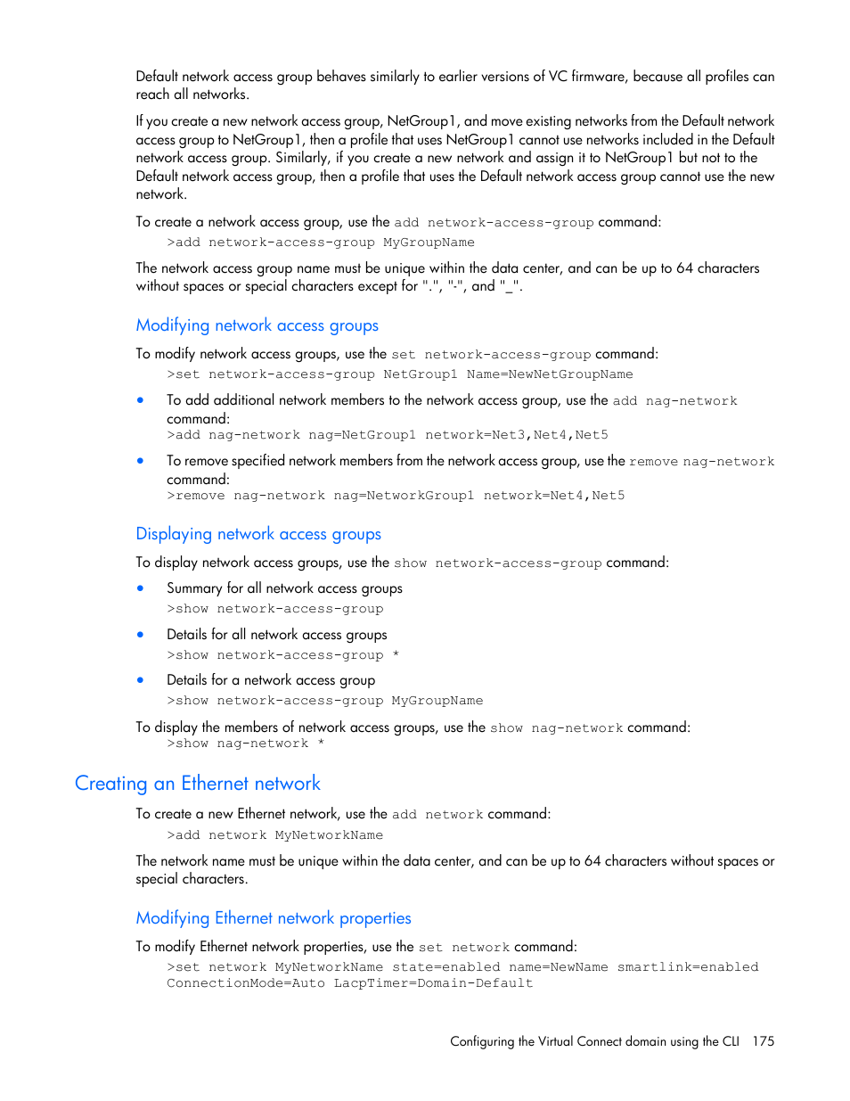 Modifying network access groups, Displaying network access groups, Creating an ethernet network | Modifying ethernet network properties | HP Virtual Connect Flex-10 10Gb Ethernet Module for c-Class BladeSystem User Manual | Page 175 / 205