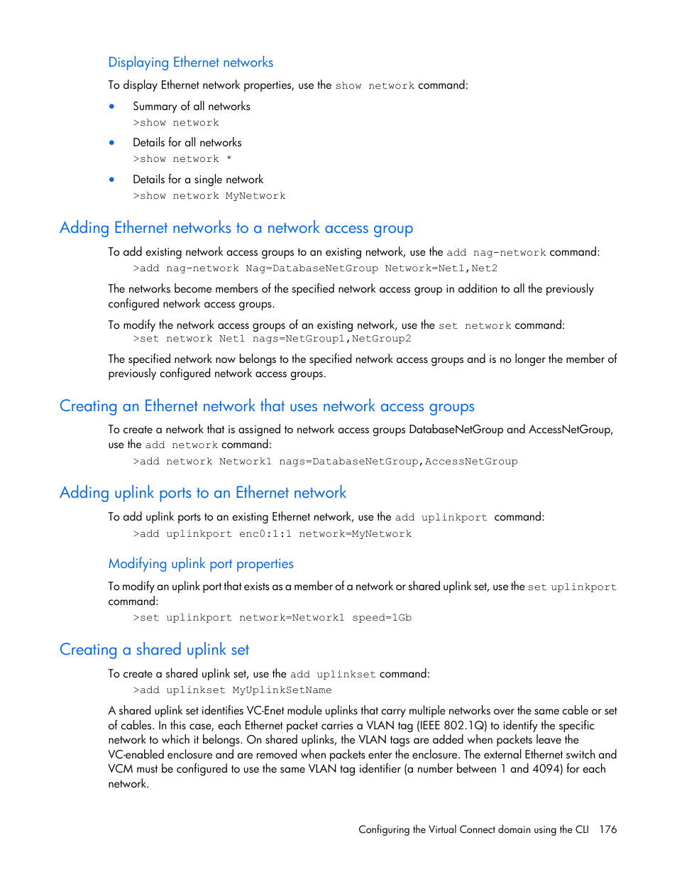 Displaying ethernet networks, Adding ethernet networks to a network access group, Adding uplink ports to an ethernet network | Modifying uplink port properties, Creating a shared uplink set | HP Virtual Connect Flex-10 10Gb Ethernet Module for c-Class BladeSystem User Manual | Page 176 / 205