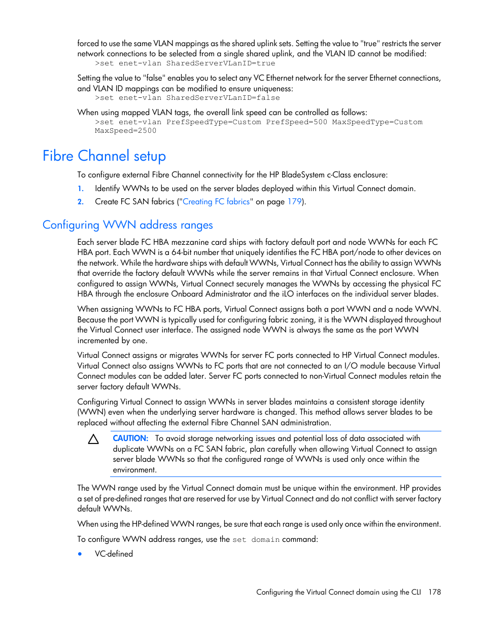 Fibre channel setup, Configuring wwn address ranges | HP Virtual Connect Flex-10 10Gb Ethernet Module for c-Class BladeSystem User Manual | Page 178 / 205