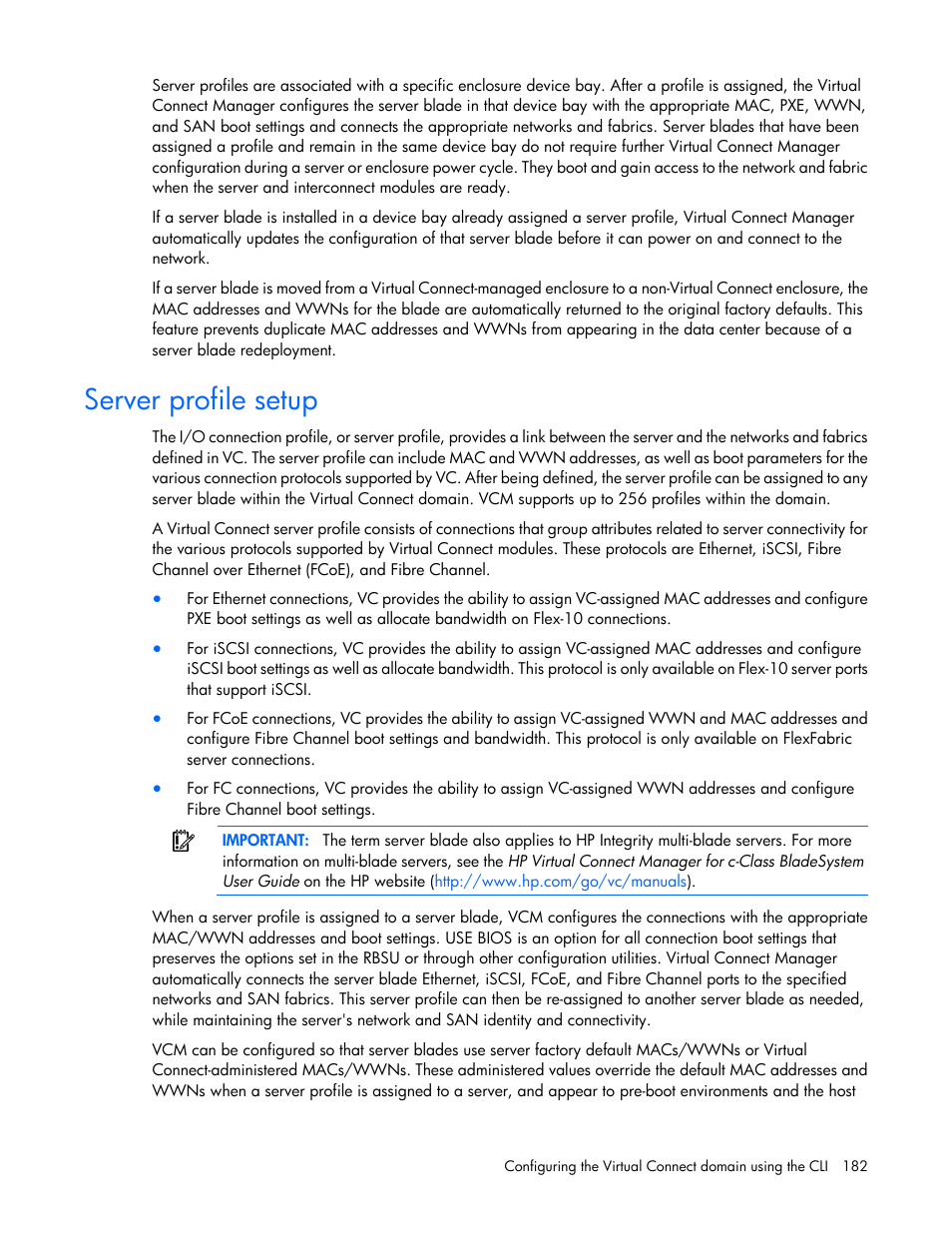 Server profile setup | HP Virtual Connect Flex-10 10Gb Ethernet Module for c-Class BladeSystem User Manual | Page 182 / 205