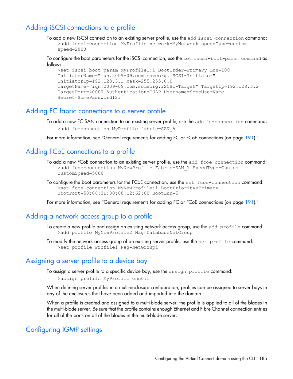 Adding iscsi connections to a profile, Adding fc fabric connections to a server profile, Adding fcoe connections to a profile | Adding a network access group to a profile, Assigning a server profile to a device bay, Configuring igmp settings | HP Virtual Connect Flex-10 10Gb Ethernet Module for c-Class BladeSystem User Manual | Page 185 / 205