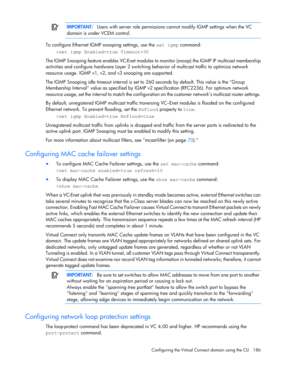 Configuring mac cache failover settings, Configuring network loop protection settings | HP Virtual Connect Flex-10 10Gb Ethernet Module for c-Class BladeSystem User Manual | Page 186 / 205