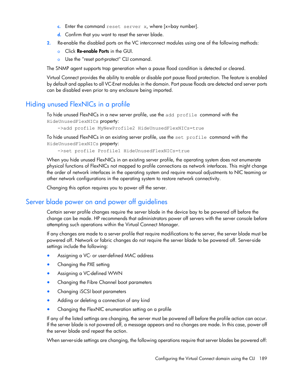 Hiding unused flexnics in a profile, Server blade power on and power off guidelines | HP Virtual Connect Flex-10 10Gb Ethernet Module for c-Class BladeSystem User Manual | Page 189 / 205