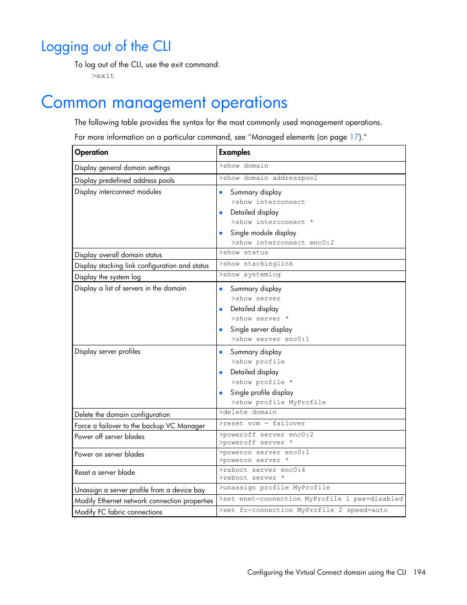 Logging out of the cli, Common management operations | HP Virtual Connect Flex-10 10Gb Ethernet Module for c-Class BladeSystem User Manual | Page 194 / 205