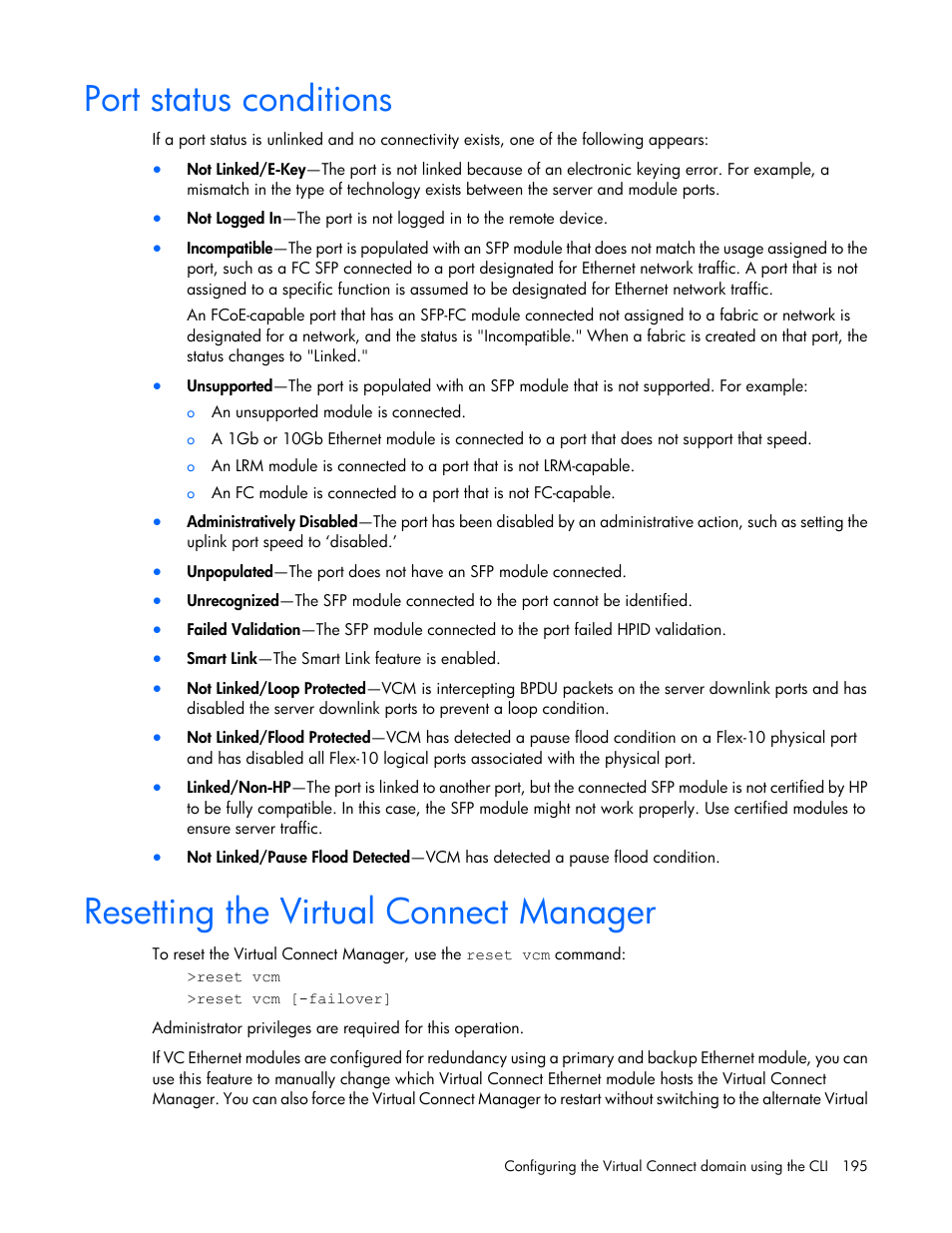 Port status conditions, Resetting the virtual connect manager | HP Virtual Connect Flex-10 10Gb Ethernet Module for c-Class BladeSystem User Manual | Page 195 / 205