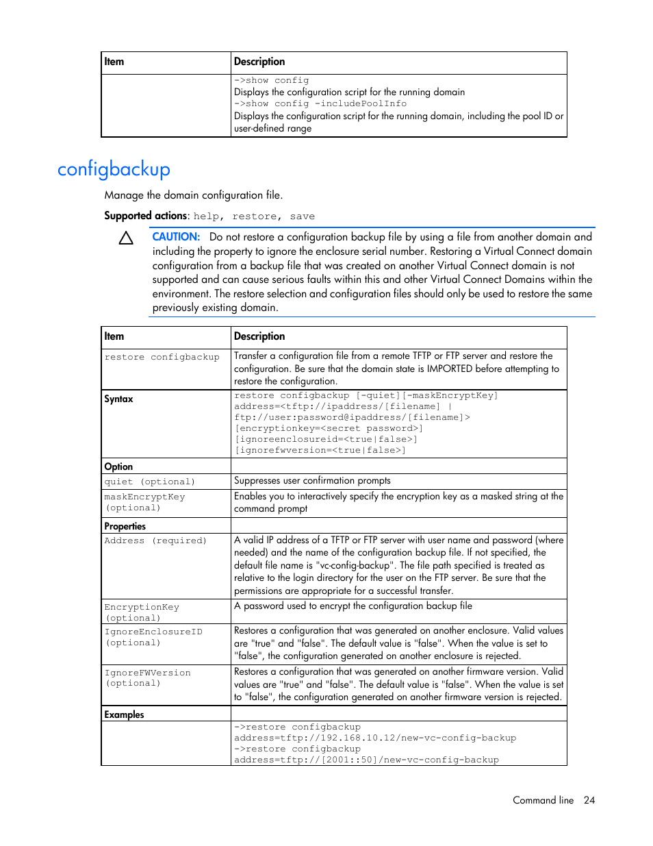 Configbackup | HP Virtual Connect Flex-10 10Gb Ethernet Module for c-Class BladeSystem User Manual | Page 24 / 205