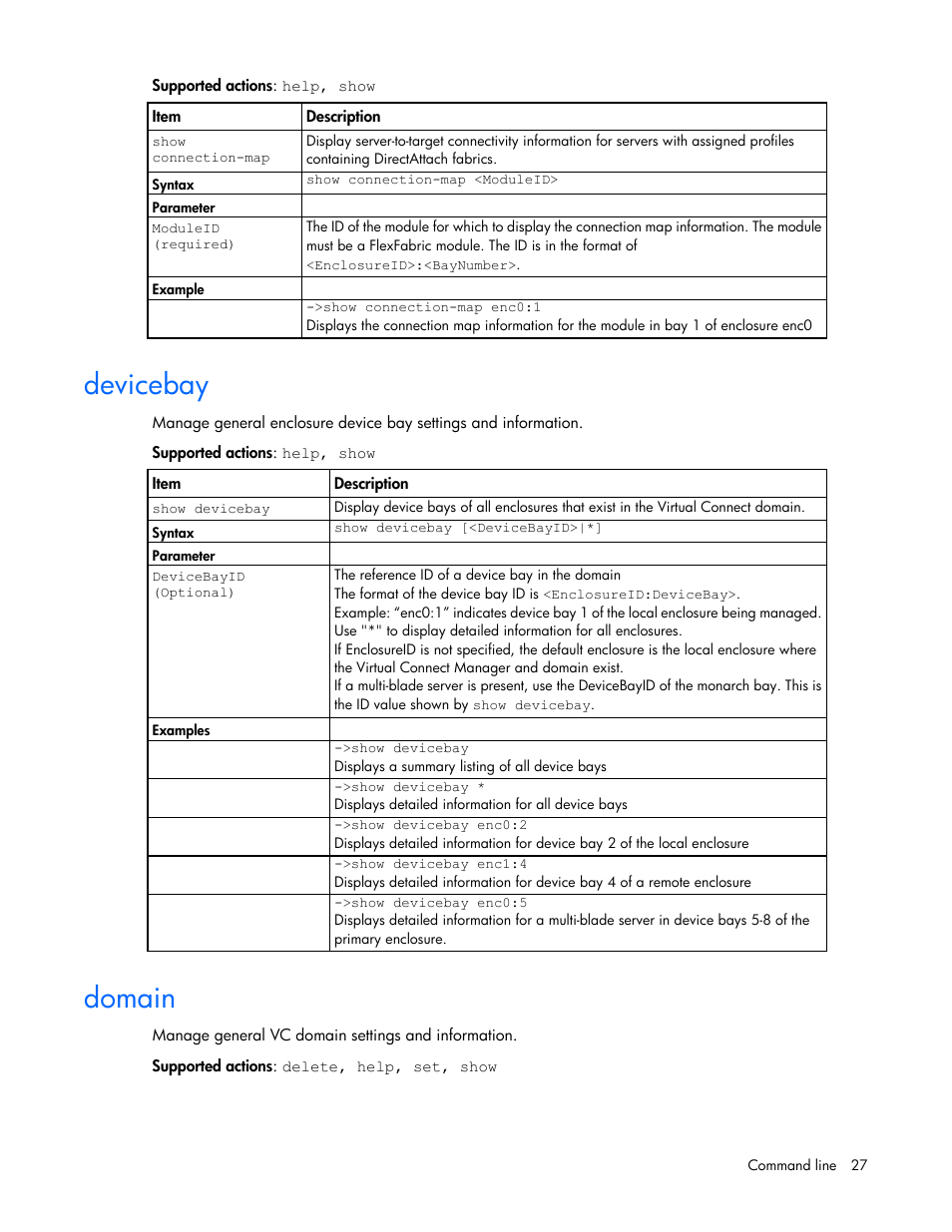 Devicebay, Domain | HP Virtual Connect Flex-10 10Gb Ethernet Module for c-Class BladeSystem User Manual | Page 27 / 205