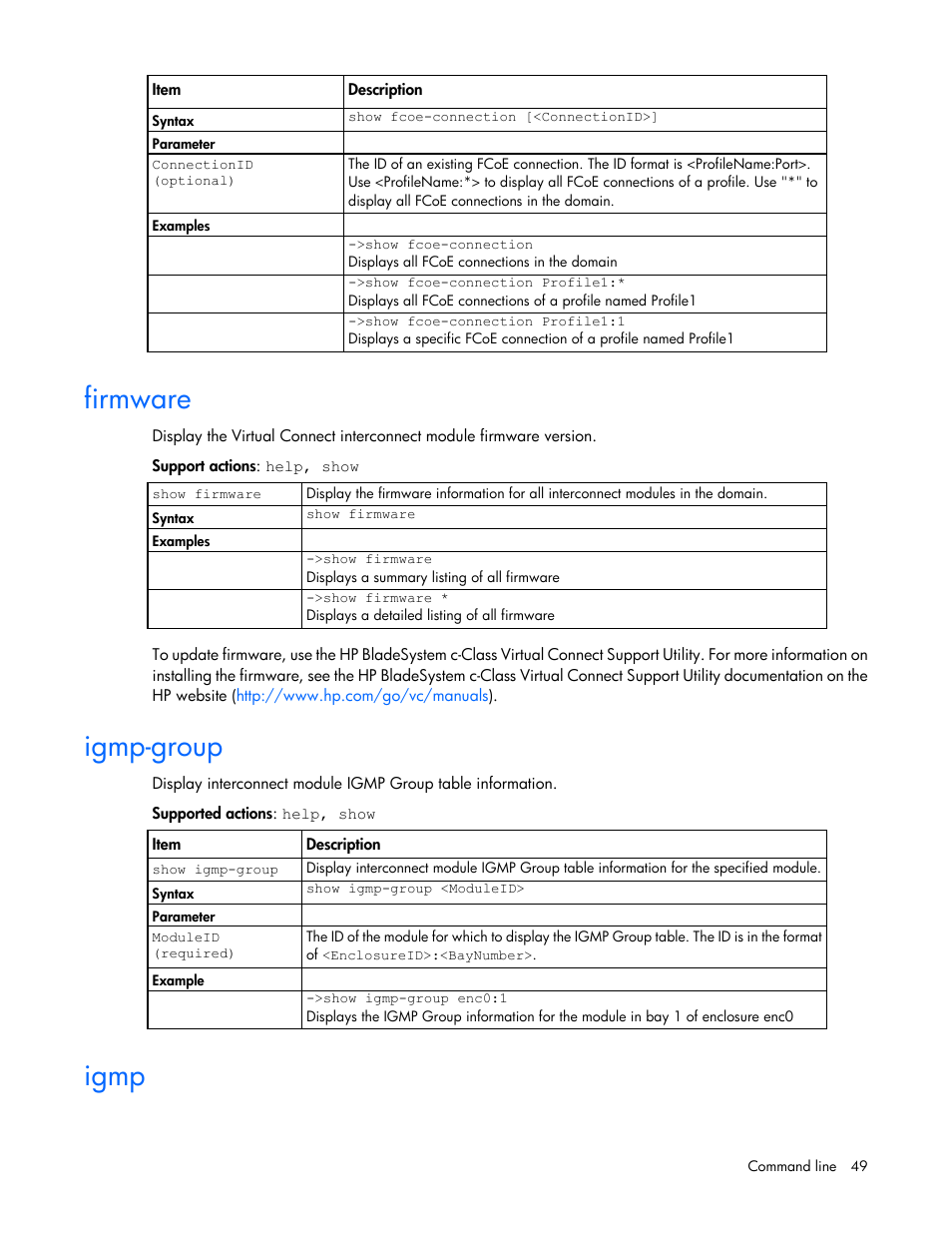 Firmware, Igmp-group, Igmp | HP Virtual Connect Flex-10 10Gb Ethernet Module for c-Class BladeSystem User Manual | Page 49 / 205