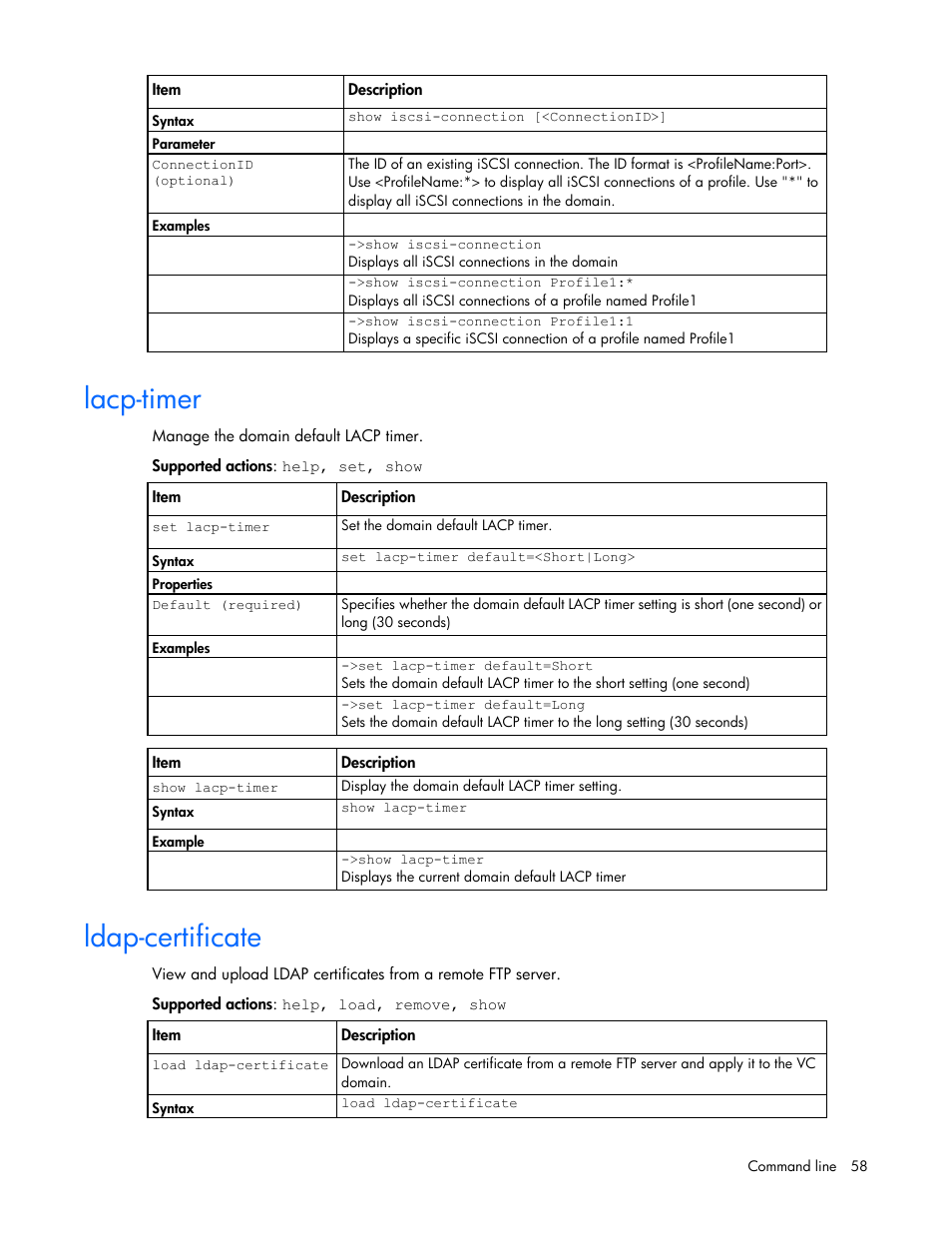 Lacp-timer, Ldap-certificate | HP Virtual Connect Flex-10 10Gb Ethernet Module for c-Class BladeSystem User Manual | Page 58 / 205