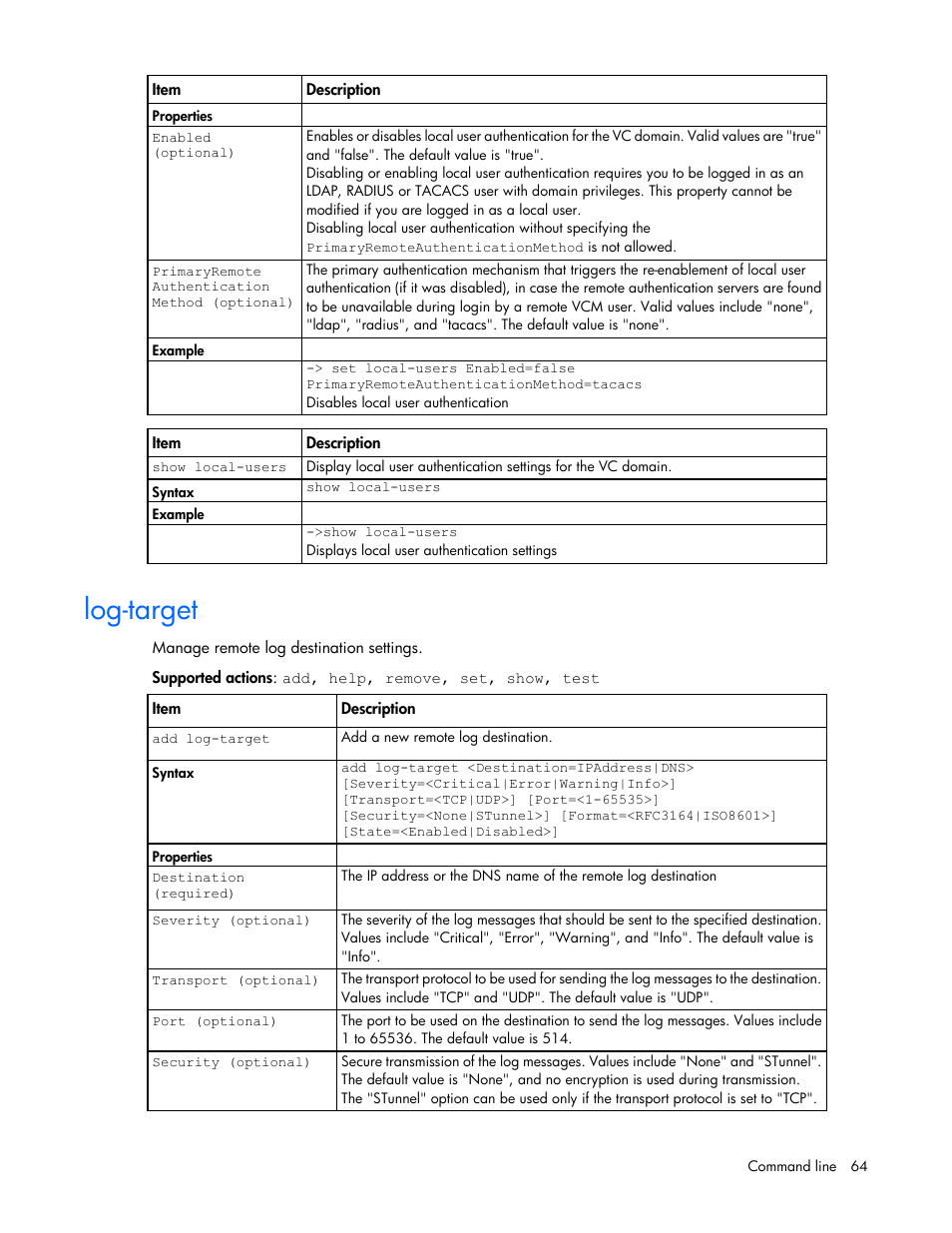 Log-target | HP Virtual Connect Flex-10 10Gb Ethernet Module for c-Class BladeSystem User Manual | Page 64 / 205