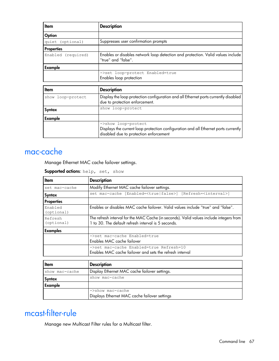 Mac-cache, Mcast-filter-rule | HP Virtual Connect Flex-10 10Gb Ethernet Module for c-Class BladeSystem User Manual | Page 67 / 205