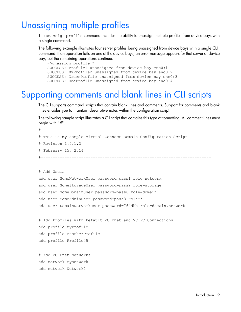 Unassigning multiple profiles, Supporting comments and blank lines in cli scripts | HP Virtual Connect Flex-10 10Gb Ethernet Module for c-Class BladeSystem User Manual | Page 9 / 205