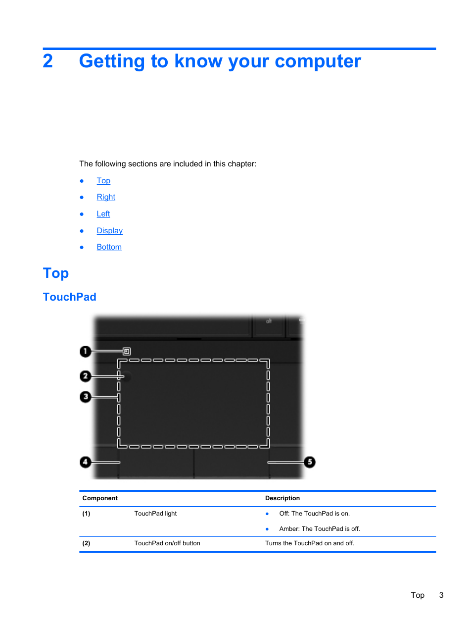 Getting to know your computer, Touchpad, 2 getting to know your computer | Getting to know, 2getting to know your computer | HP Compaq 435 Notebook PC User Manual | Page 13 / 92
