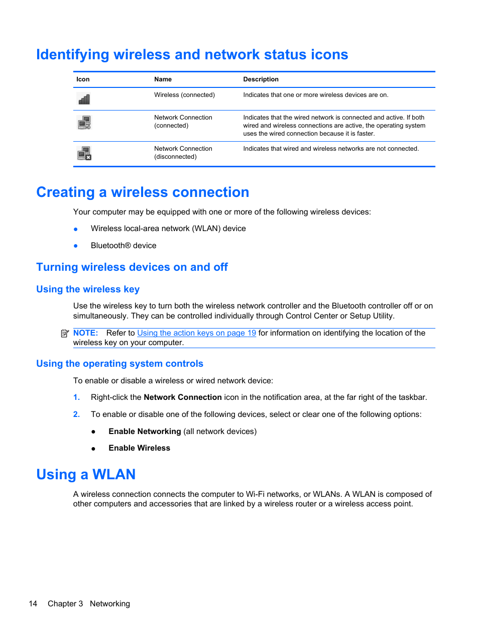 Identifying wireless and network status icons, Creating a wireless connection, Turning wireless devices on and off | Using the wireless key, Using the operating system controls, Using a wlan | HP Compaq 435 Notebook PC User Manual | Page 24 / 92