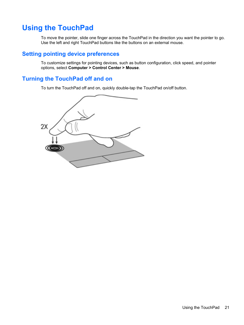 Using the touchpad, Setting pointing device preferences, Turning the touchpad off and on | HP Compaq 435 Notebook PC User Manual | Page 31 / 92