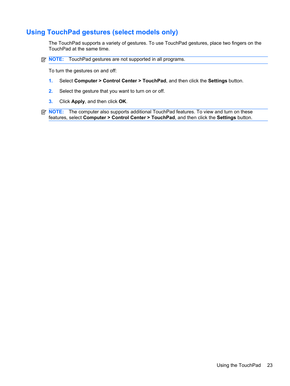 Using touchpad gestures (select models only) | HP Compaq 435 Notebook PC User Manual | Page 33 / 92