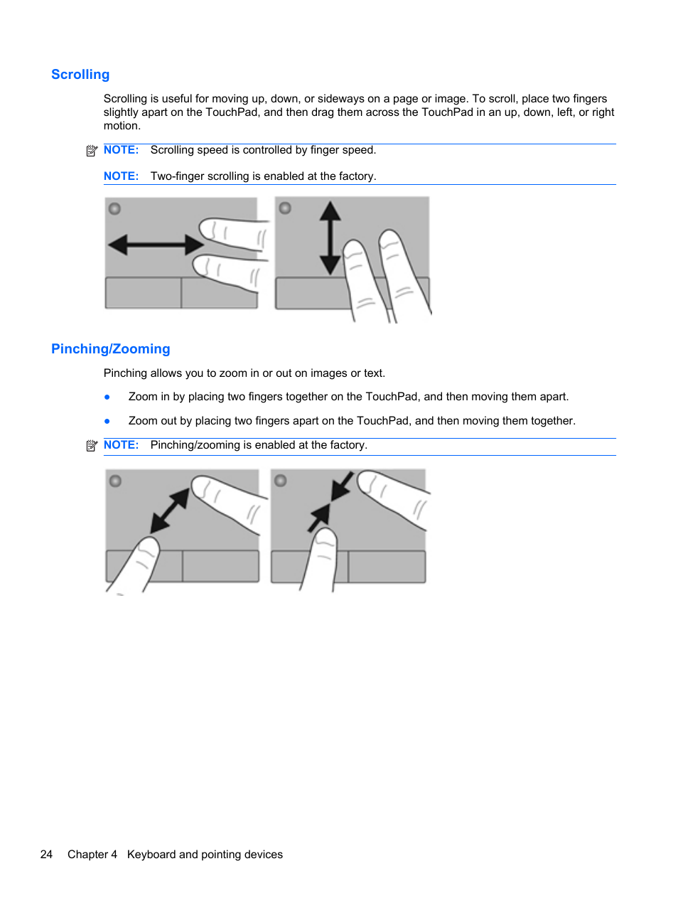 Scrolling, Pinching/zooming, Scrolling pinching/zooming | HP Compaq 435 Notebook PC User Manual | Page 34 / 92