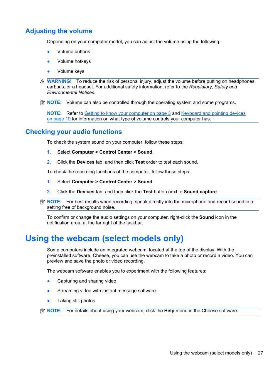 Adjusting the volume, Checking your audio functions, Using the webcam (select models only) | Adjusting the volume checking your audio functions | HP Compaq 435 Notebook PC User Manual | Page 37 / 92