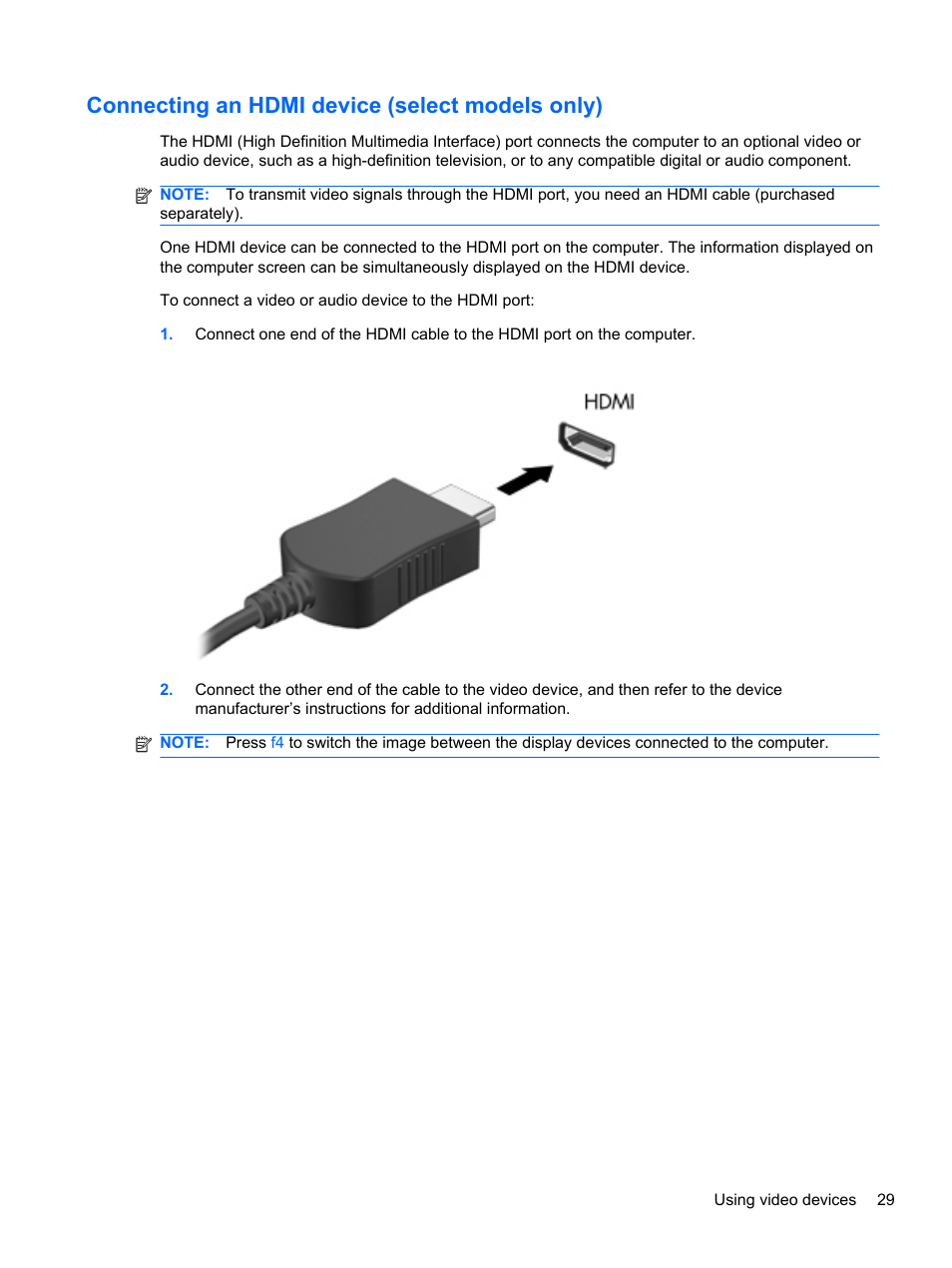 Connecting an hdmi device (select models only) | HP Compaq 435 Notebook PC User Manual | Page 39 / 92